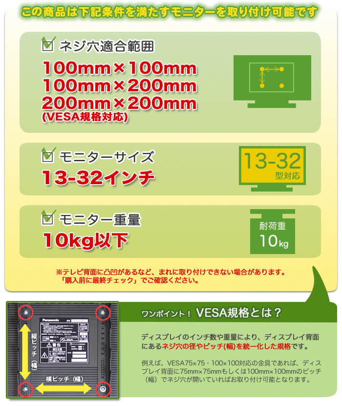 この壁掛けテレビ金具は、下記条件を満たすテレビを設置可能です。テレビ適合サイズ13~32インチ。テレビ重量10キロ以下