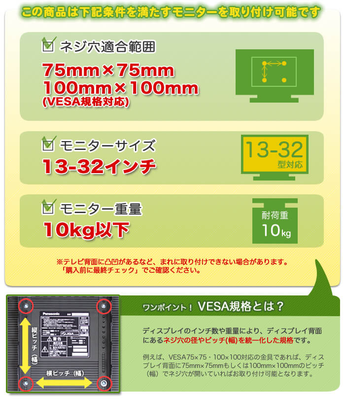 この壁掛けテレビ金具は、下記条件を満たすテレビを設置可能です。テレビ適合サイズ13~32インチ。テレビ重量10キロ以下