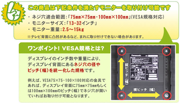 壁掛けテレビ金具適合診断。以下の適合条件をご確認いただき、「購入前の最終チェック」を行ってください。お困りの際は、お気軽にショップまでご質問ください。この壁掛けテレビ金具は、下記条件を満たすテレビを設置可能です。テレビ適合サイズ13~32インチ。