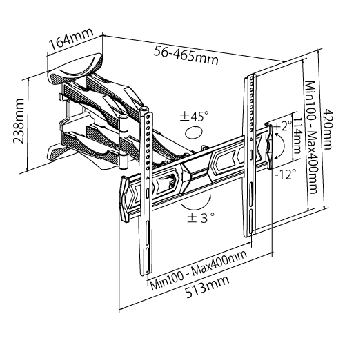 壁掛けテレビ金具「TVセッターアドバンスVA116M」は、壁に寄せると56mm、アームを引き伸ばすと465mmになります。首振りは左右±45度。さらに±3度の水平調節機能で、ちょっと傾きが気になるときも修正可能です。