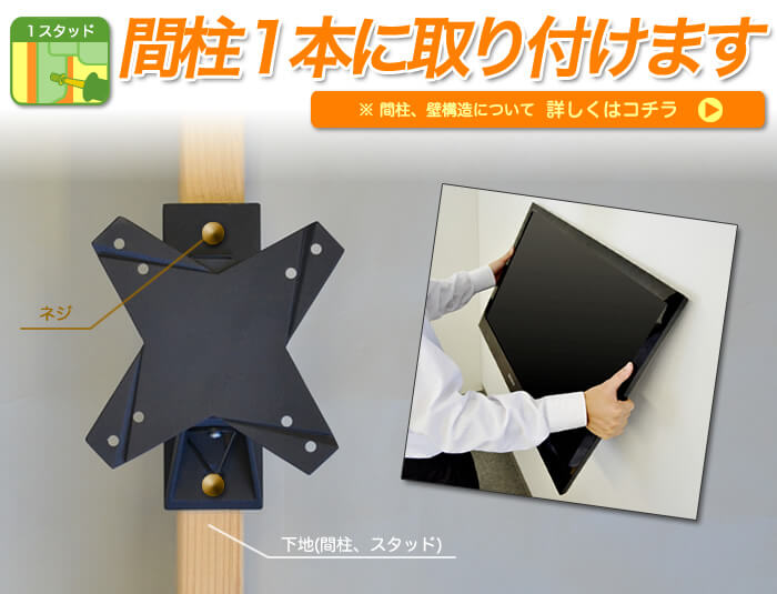 設置工事は、壁裏の間柱1本でOKタイプ!※補強壁の場合は、お好きな位置に設置工事可能です