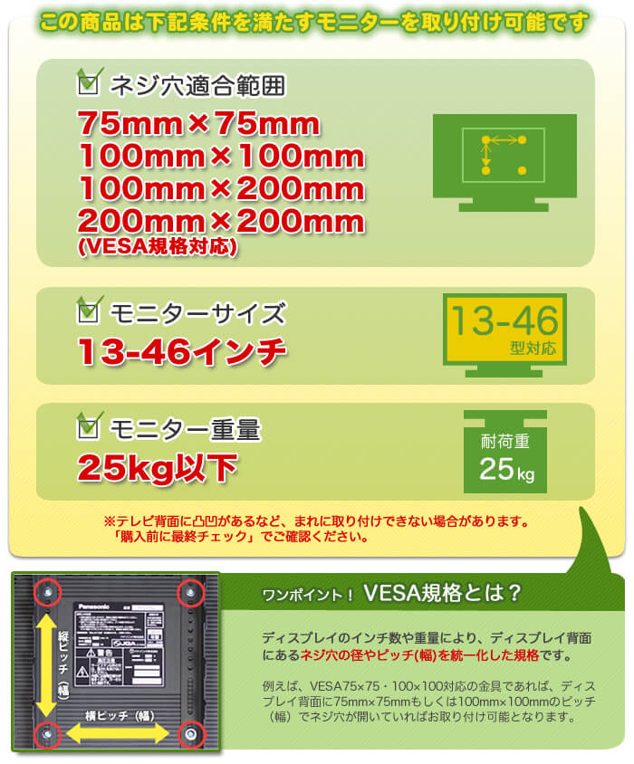 この壁掛けテレビ金具は、下記条件を満たすテレビを設置可能です。テレビ適合サイズ13～46インチ。テレビ重量25キロ以下