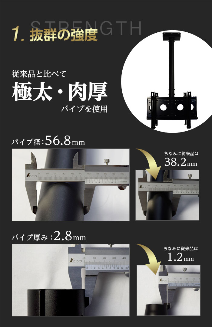 抜群の強度!従来品と比べ、極太・肉厚のパイプを使用しています。