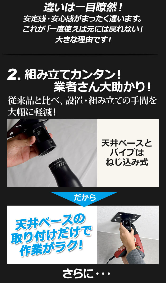 2.業者さん大助かり!従来品と比べて設置・組み立ての手間を大幅に軽減!天井のベース部とつり下げパイプが分かれてり、設置しやすい構造になっています。