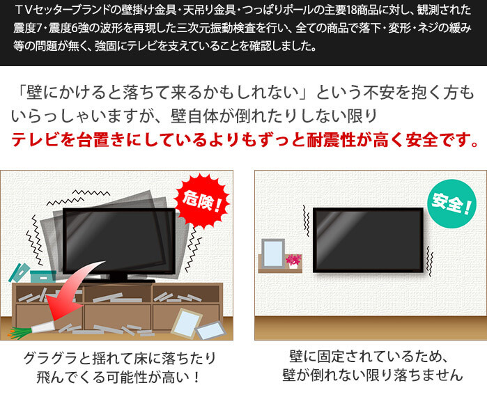 TVセッターブランドの壁掛け金具・天吊り金具・つっぱりポールの主要18商品に対し、観測された深度7・震度6強の波形を再現した3次元振動検査を行い、全ての商品で落下・変形・ネジの緩み等の問題が無く、強固にテレビを支えていることを確認しました。