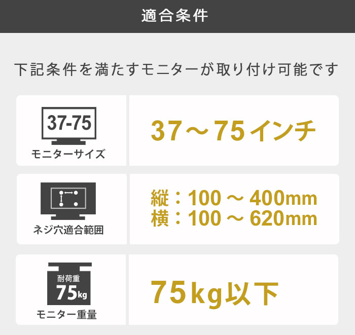 適合条件。モニターサイズ37-75インチ。ネジ穴適合範囲、縦:100～400mm、横:100～620mm。耐荷重35kg以下。