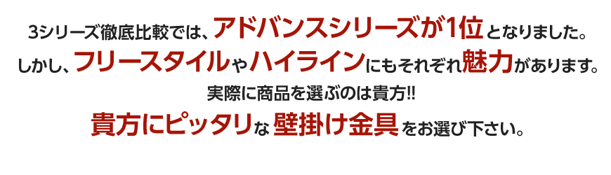 3シリーズ徹底比較では、アドバンスシリーズが1位となりました。しかし、フリースタイルやハイラインにもそれぞれ魅力があります。実際に商品を選ぶのは貴方!! 貴方にピッタリな壁掛け金具をお選び下さい。